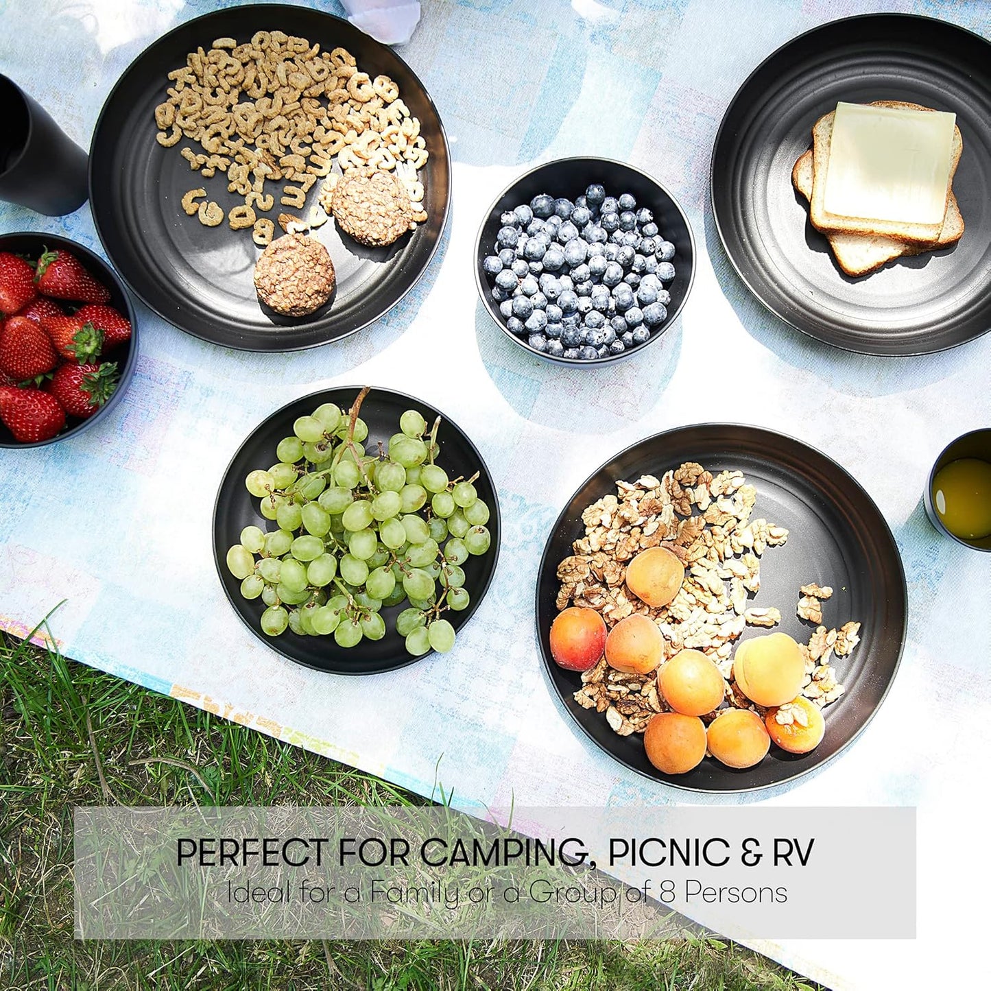 Wheat Straw Dinnerware Sets | Unbreakable Dinnerware Sets | Dishwasher Microwave Safe Dinnerware | Eco Friendly Non Breakable Dinnerware Sets | RV Outdoor Camping (Black, Service for 8 (32 pcs))