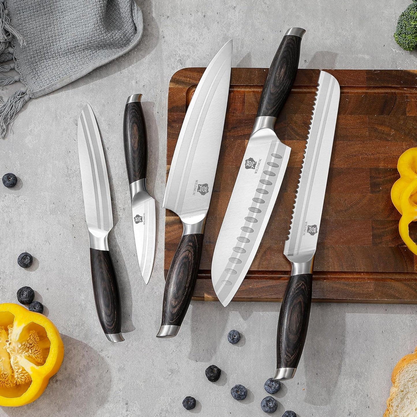 WILDMOK Professional Knife Set, 5 Pieces Kitchen Knife Set, German Stainless Steel Chef Knife Set withGift Box, Black Pakkawood Handle