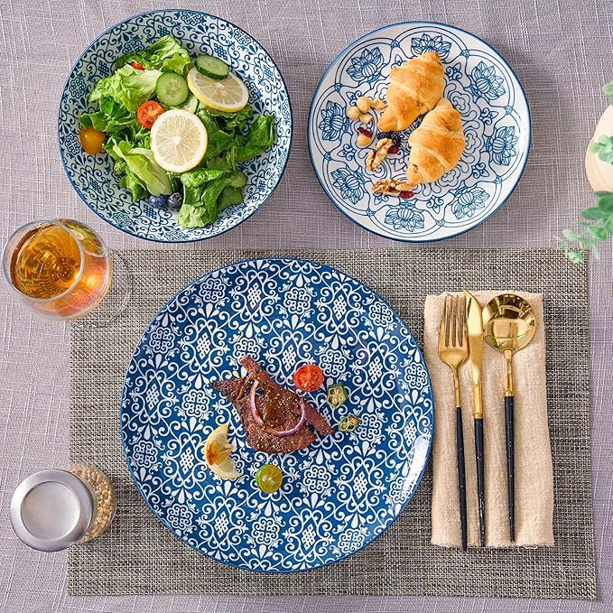 Bestone Porcelain Dinnerware Sets Service for 4, 12 pcs Hand drawn Plates and Bowls Sets, Handmade Ceramic Dish Set, Chip Resistant Modern Plate Set, Dishwasher/Microwave Safe，Vintage Blue