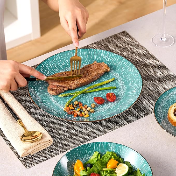 Bestone Plates and Bowls Sets,12 Pieces Round Porcelain Dinnerware Sets,Dishes, Plates, Dishware Sets,Chip Resistant Ceramic Dish Set Dining Dinner Ware Service for 4,New green