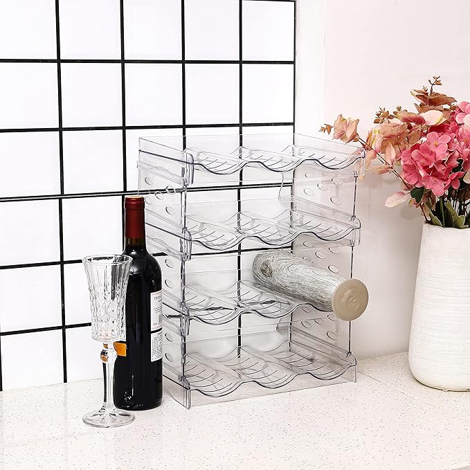 IEEK 4 Pack Stackable Wine and Water Bottle Holder Free-Standing Fridge Wine Bottle Organizers Clear Plastic Water Bottle Holder for Cabinet,Refrigerator,Pantry,Kitchen Countertops,Holds 12 Bottles