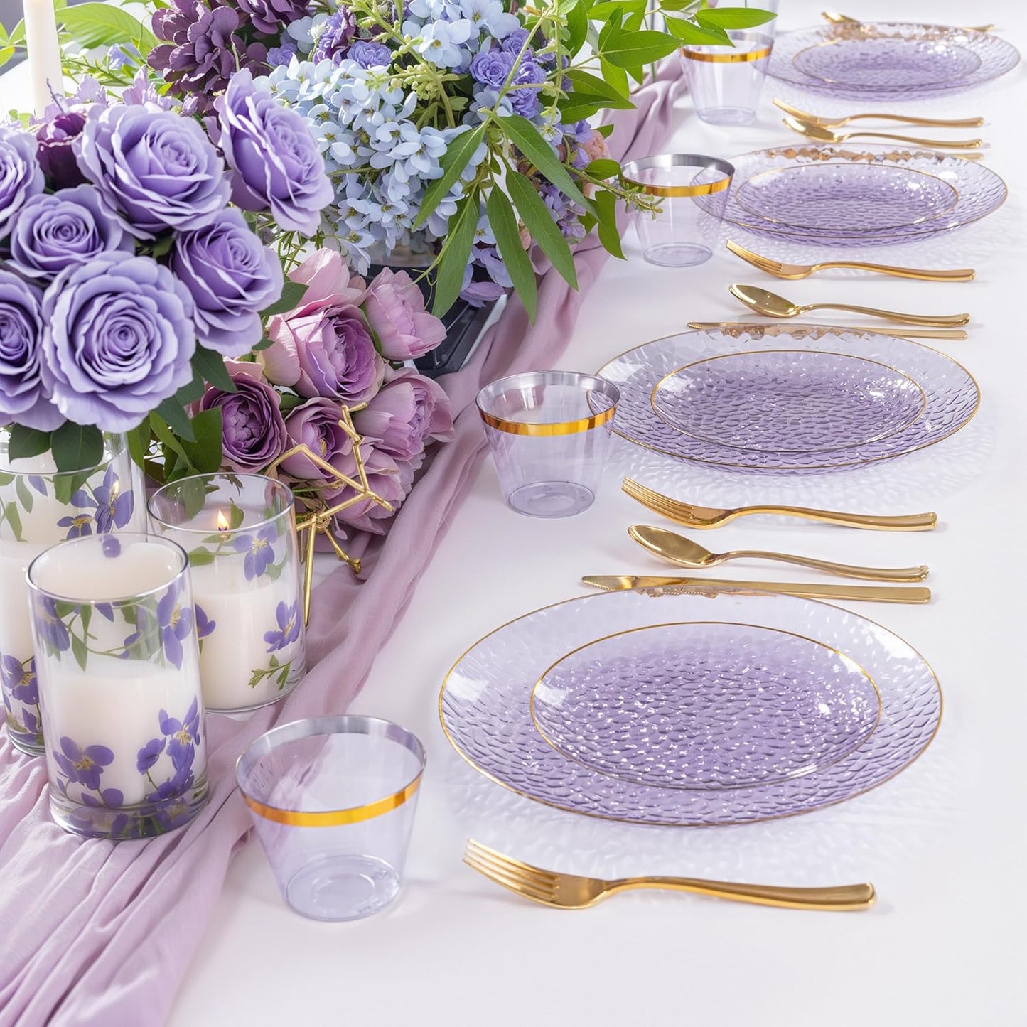 DaYammi 175PCS Clear Purple and Gold Plastic Dinnerware Set for Halloween, Hammered Disposable Plates for Party, Include: 25 Dinner Plates, 25 Dessert Plates, 75 Gold Silverware, 25 Napkins, 25 Cups