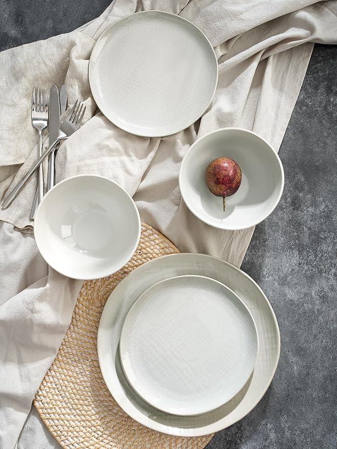 Famiware Moonlight Plates and Bowls Sets, 18 Pieces Stoneware Dinnerware Sets with Linen Finish, Handmade Dishware set for 6, Microwave and Dishwasher Safe, Scratch Resistant Tableware, White