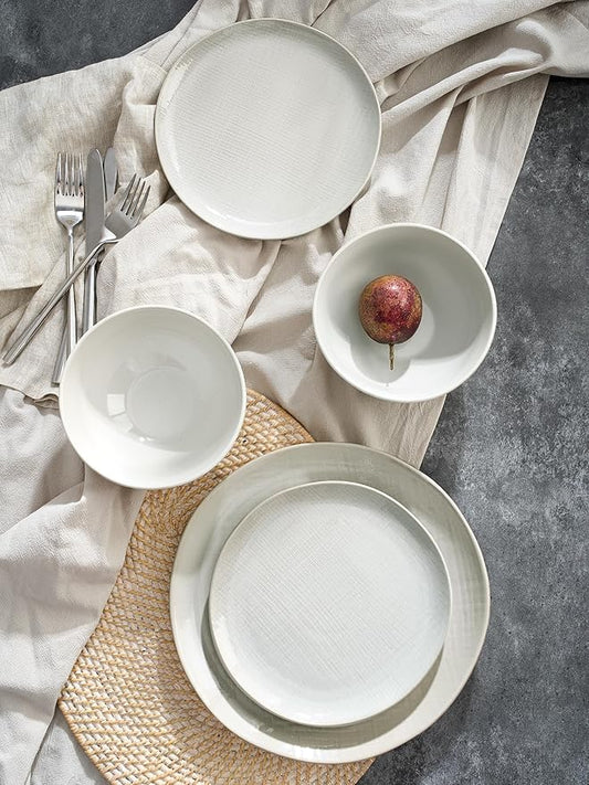 Famiware Moonlight Plates and Bowls Sets, 24 Pieces Stoneware Dinnerware Sets with Linen Finish, Dishware set for 8, Microwave and Dishwasher Safe, Chip and Scratch Resistant, White