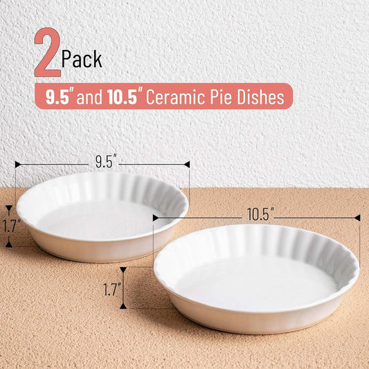 Brew To A Tea - Classic White Ceramic Pie Dish Set, 2 Pcs, 10.5" & 9.5", Pie Pans for Baking, Deep Dish Pie Plate
