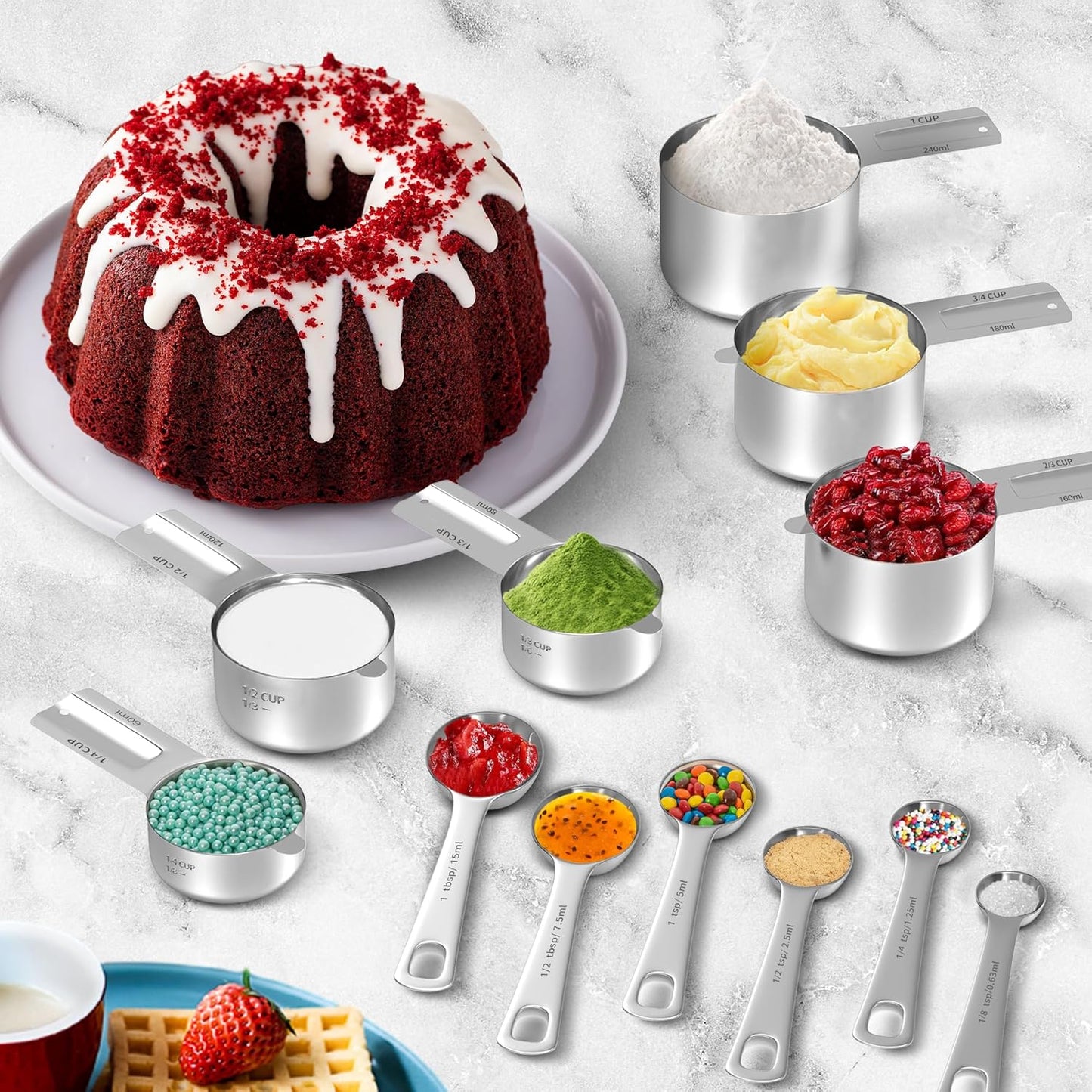 Measuring Cups and Spoons Set, Stainless Steel Measuring Cups Measuring Spoons with Easy to Read Markings, Ideal Kitchen Gadgets for Cooking & Baking, 12 Pack