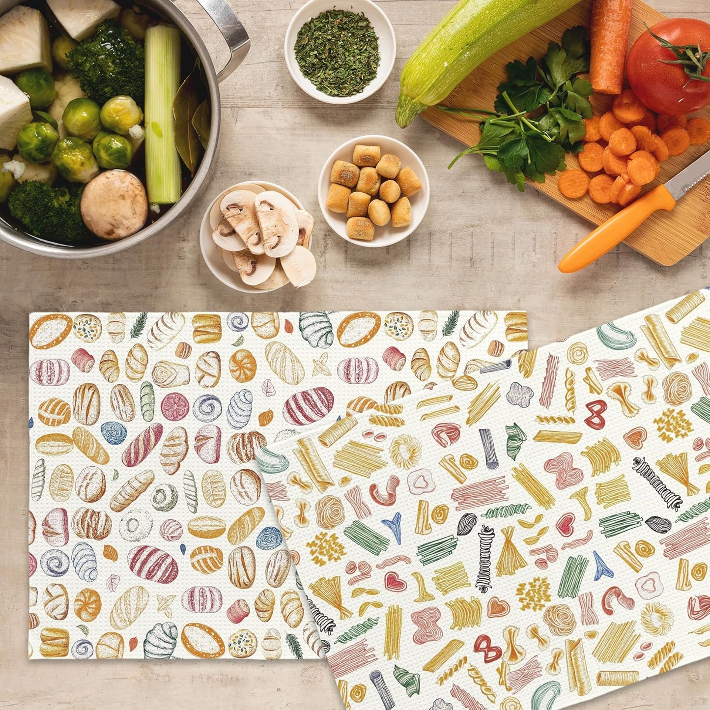 Pasta and Bread Food Kitchen Towels Set of 2, Bread Pasta Lovers Minimal Dining Room Decor Hand Towel, Kitchen Sets for Home Decorations Tea Towel Dish Towels 16x24 Inch