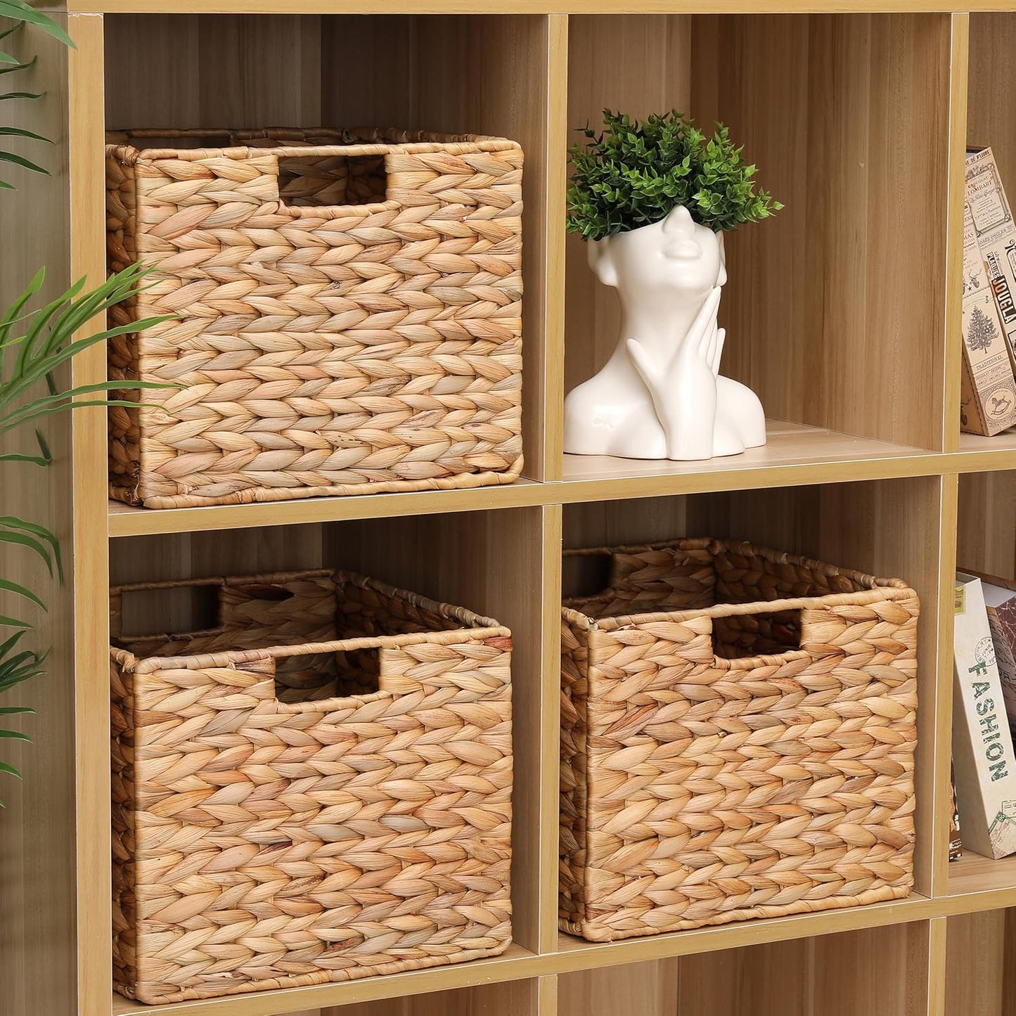 12x12x10 Water Hyacinth Storage Basket Large, Folding Cube Woven Wicker Storage Basket for Shelves, Pantry Baskets Organization and Storage, Kitchen Storage Baskets, Large Rattan Basket Set of 3