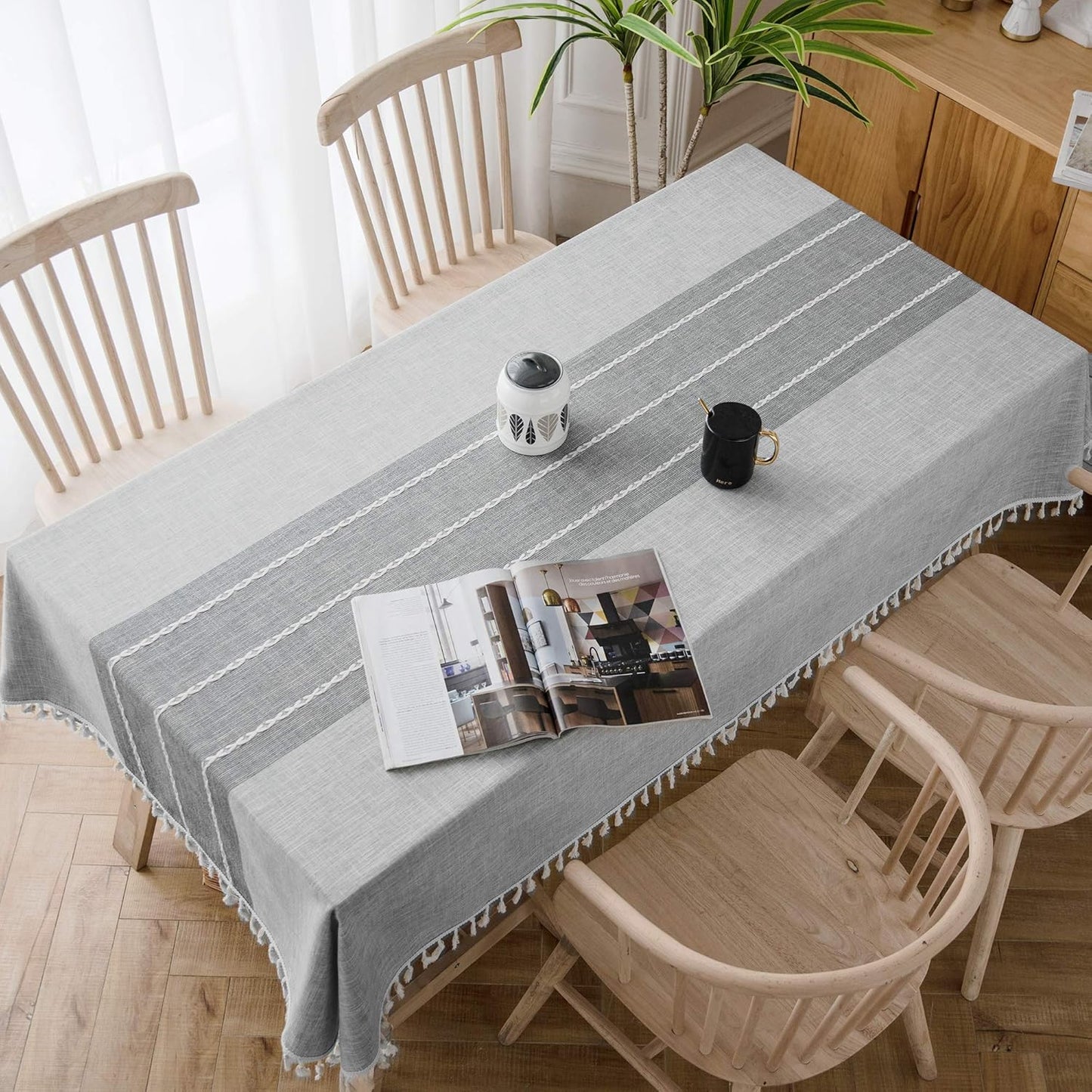 Oubonun Cotton Linen Rectangular Tablecloth - Wrinkle Resistant & Waterproof - Machine Washable Table Cloth with Tassels for Kitchen & Dining, 55''x120'', 10-12 Seats