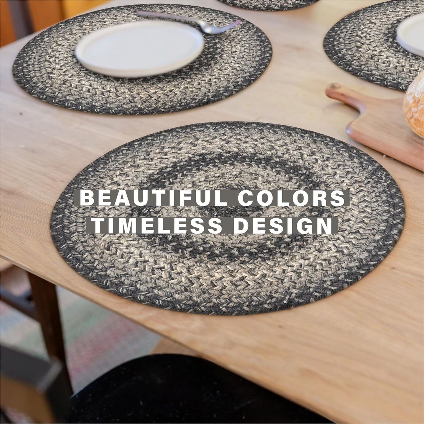 Flint Hill Jute Woven Round Placemats Set of 6, 15", Warm Primitive Decor, Grey Table Mats - Vibrant Colors, Durable, Easy to Clean and Protects Furniture