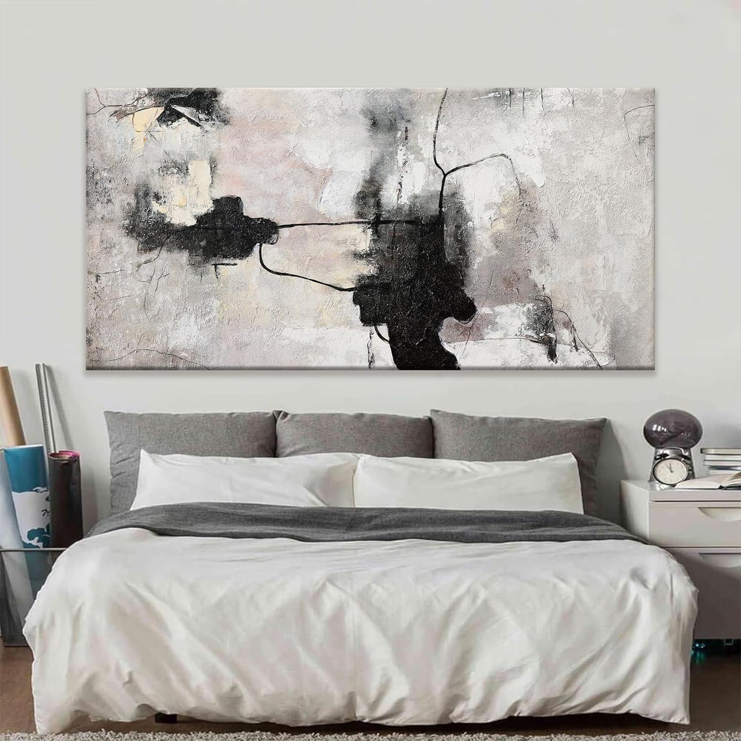 QSQ Black And Off-White Large Abstract Wall Art For Living Room Decor Grunge Room Decor Art Canvas Art Wall Decor 29" X 58" Painting Wall Art For Bedroom Home Office Artwork