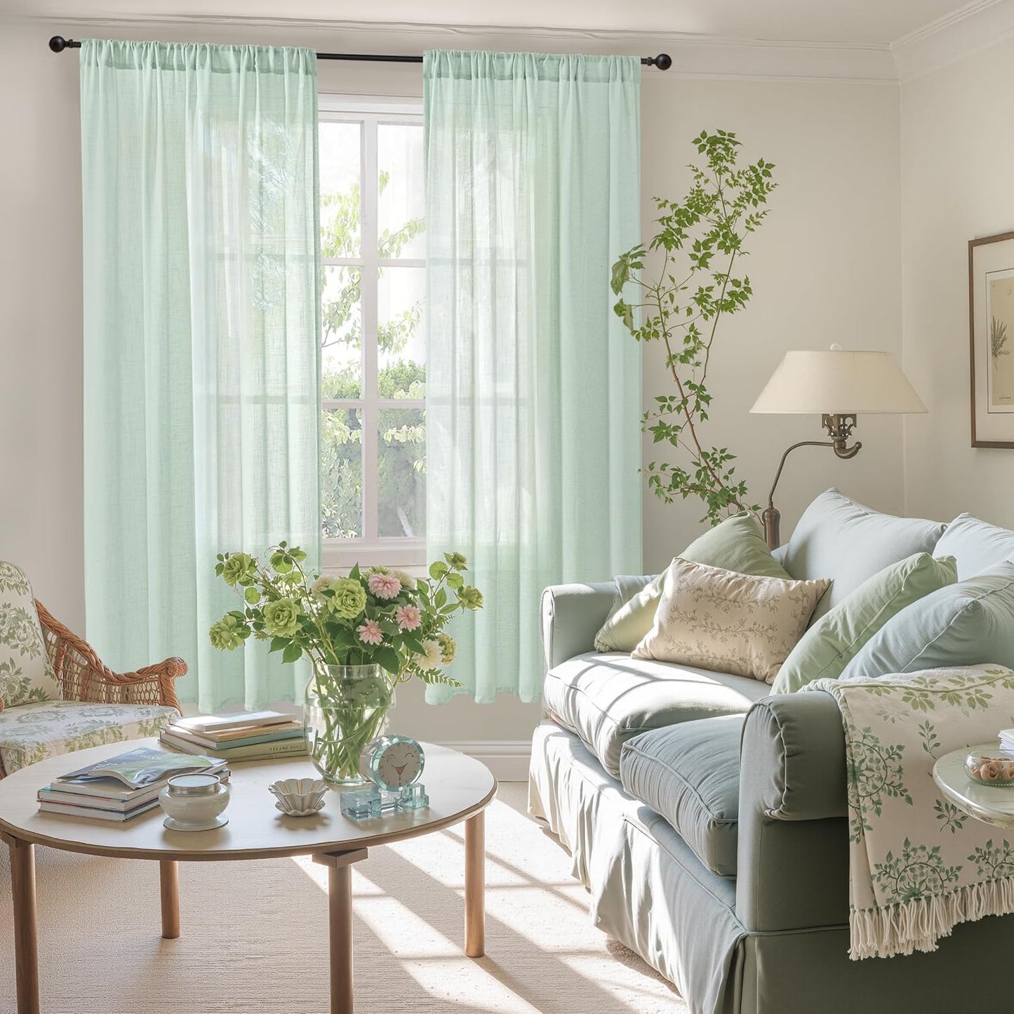 BGment Sage Green Linen Semi Sheer Curtains for Living Room 63 Inch Length - Light Filtering Drapes for Bedroom Dining Natural Rustic Spring Decorative Rod Pocket Lightweight, 2 Panels, 52 X 63 Inch