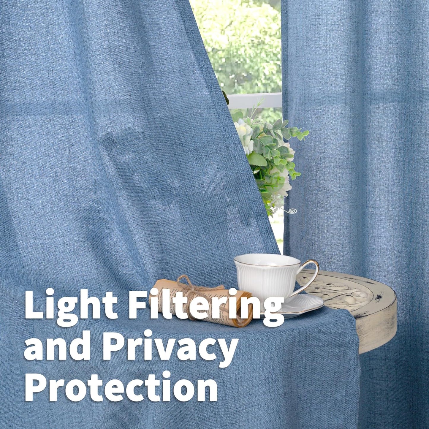 YoungsTex Denim Blue Linen Curtains 40 Inches Long for Kitchen, Semi Sheer Short Window Drapes with Bronze Grommet Privacy Light Filtering for Bedroom Bathroom Cafe, 42 x 40 Inch, 2 Panels