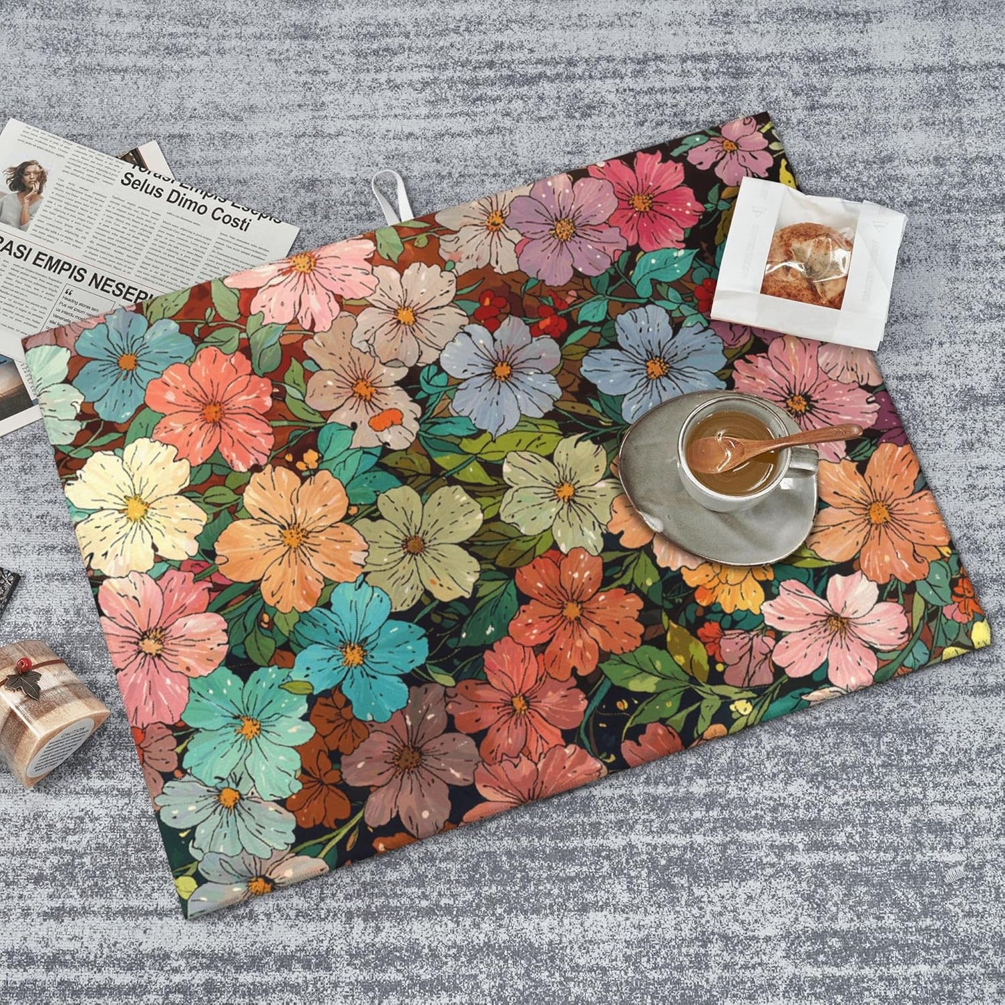 Colorful Wildflowers Dish Drying Mat for Kitchen Counter, 18"x24" Microfiber Absorbent Fast Dry Mat, 2Pcs Dish Mat Faucet Mats Sets, Large Drying Kitchen Mat Kitchen Drying Pad Coffee Bar Decor Gifts