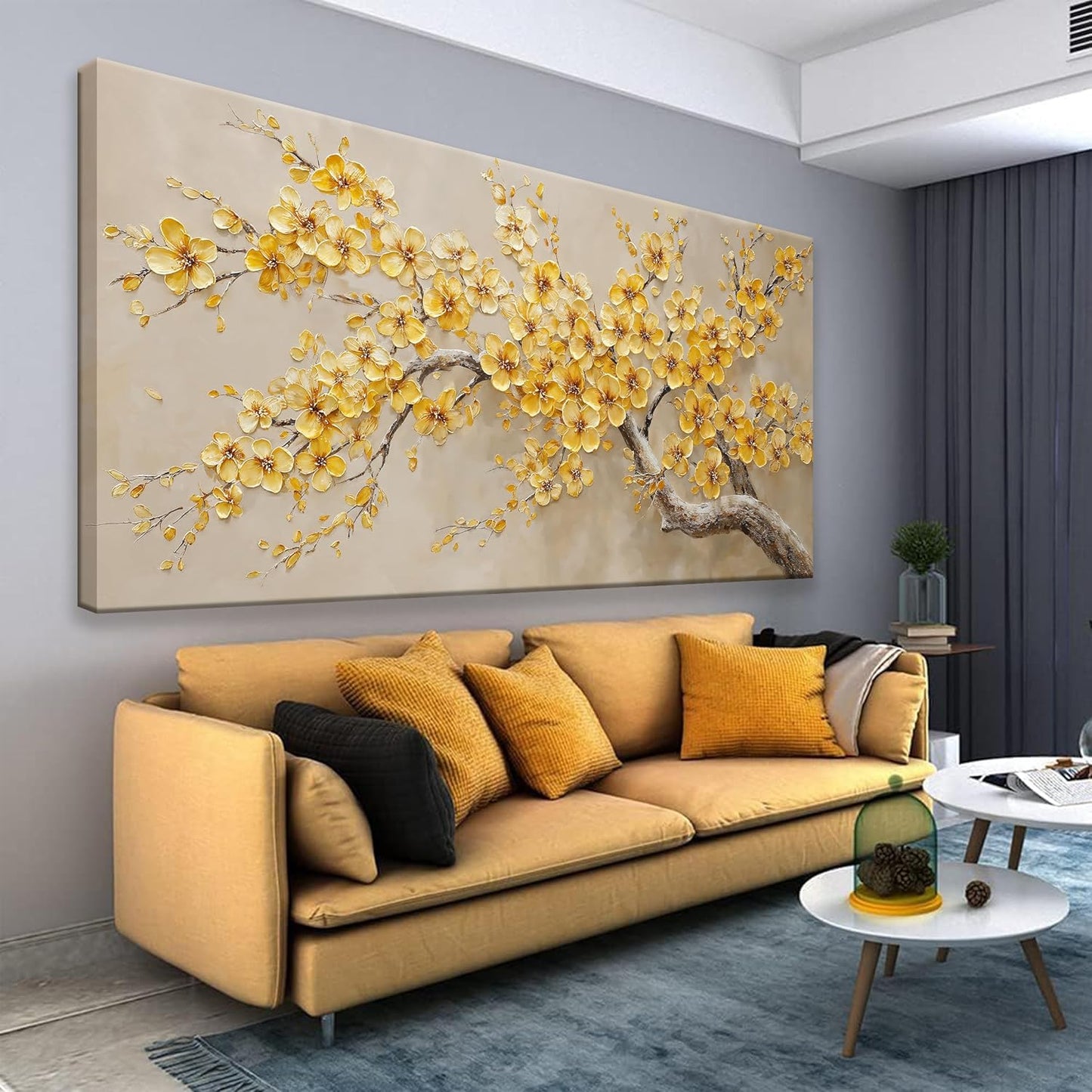 Modern Tree Of Life Wall Art Canvas Prints Ready To Hang Home Wall Decor Golden Yellow Flowers Wall Art Decorations For Living Room Kitchen Bedroom Office Decor 24x48 Inch