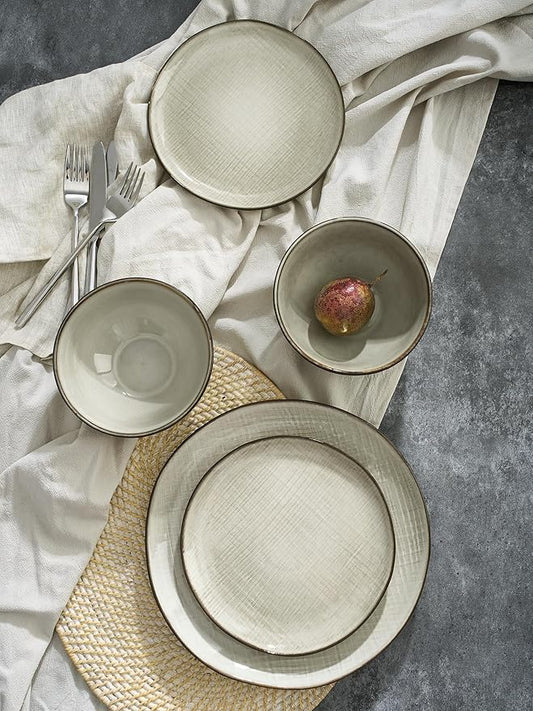 Famiware Moonlight Plates and Bowls Sets, 12 Pieces Stoneware Dinnerware Sets with Linen Finish, Handmade Dishware Set for 4, Microwave and Dishwasher Safe, Chip and Scratch Resistant, Summer Sand