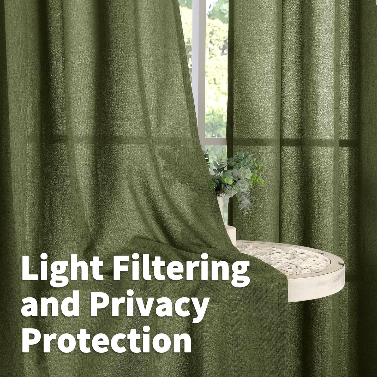 YoungsTex Olive Linen Curtains 68 Inch Length for Living Room, Light Filtering Window Drapes with Bronze Grommet Textured Privacy for Bedroom Farmhouse Decorative, 52 x 68 Inch, 2 Panels