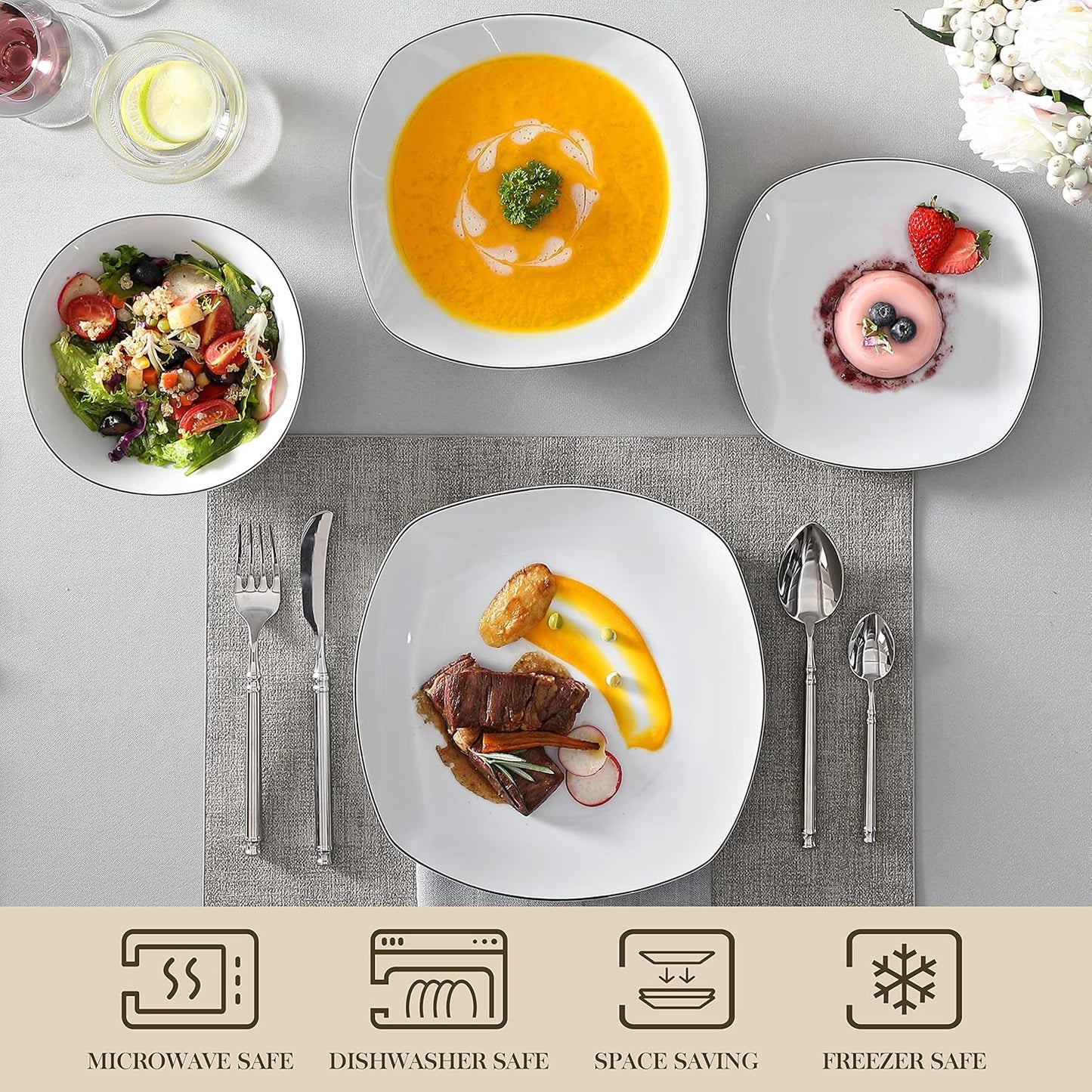 MALACASA Dinnerware Sets, 24 Piece Porcelain Square Dishes, White with Black Rim Plates and Bowls Sets, Ceramic Dish Set for 6, Chip Resistant Dishware Sets, Series ELISA