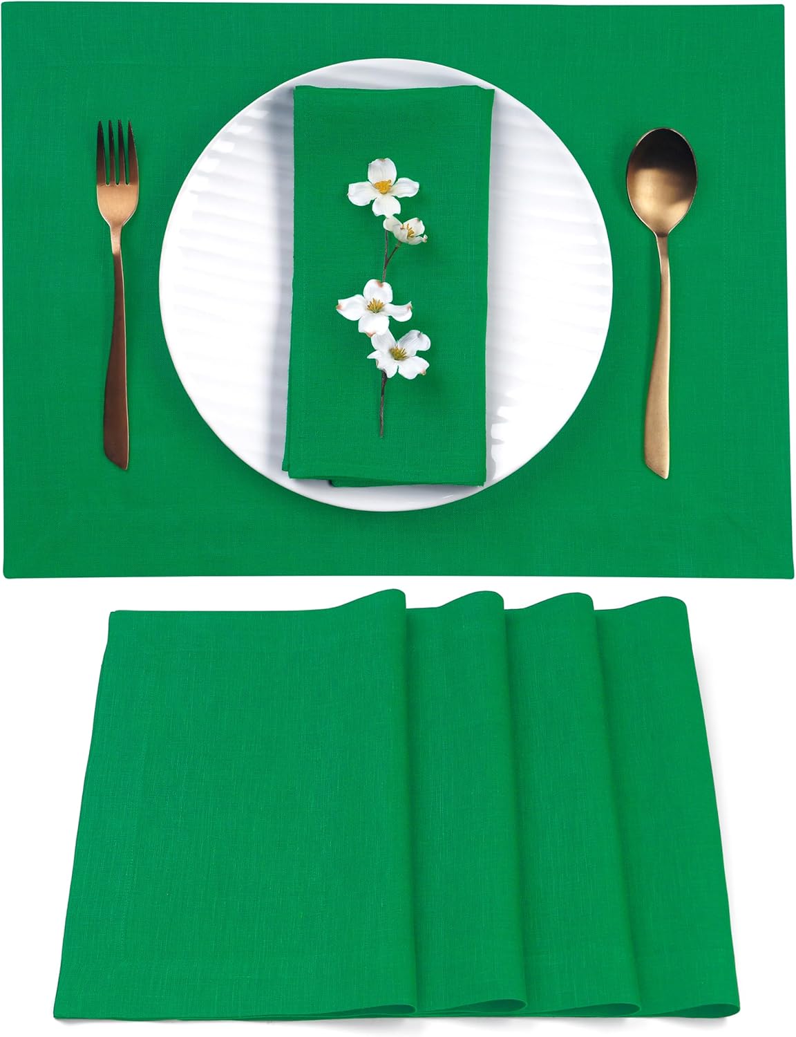 D'Moksha Homes Linen Kelly Green Placemats Set of 4-100% Pure Linen Placemats 14 x 19 Inch for Fall, Autumn and Halloween - Handcrafted and Machine Washable