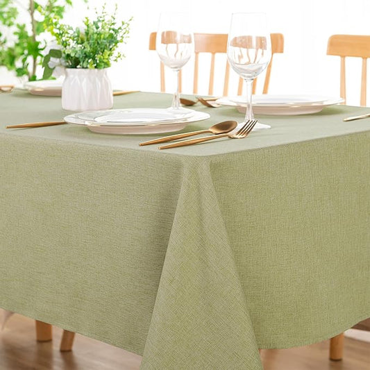 DWCN Rectangle Faux Linen Tablecloth - Textured Waterproof Spill-Proof Wrinkle and Stain Resistant Table Cloth Decorative Fabric Farmhouse Table Cover for Kitchen Dining Party, 52 x 70 Inch, Green