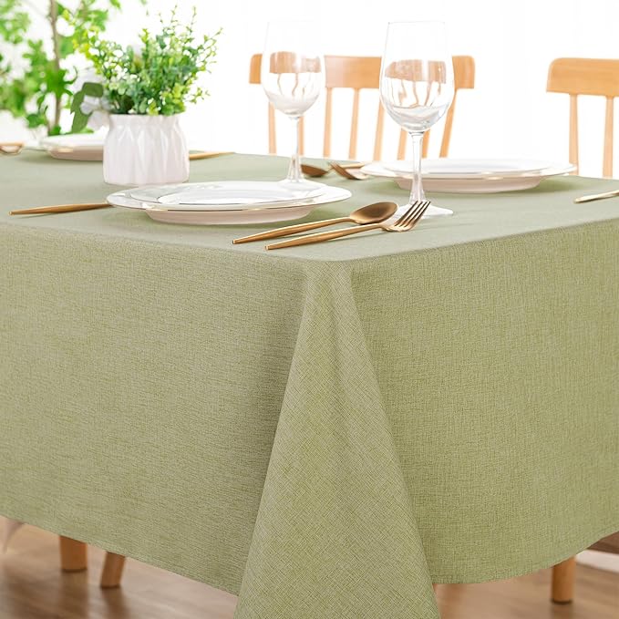 DWCN Rectangle Faux Linen Tablecloth - Textured Waterproof Spill-Proof Wrinkle and Stain Resistant Table Cloth Decorative Fabric Farmhouse Table Cover for Kitchen Dining Party, 54 x 108 Inch, Green