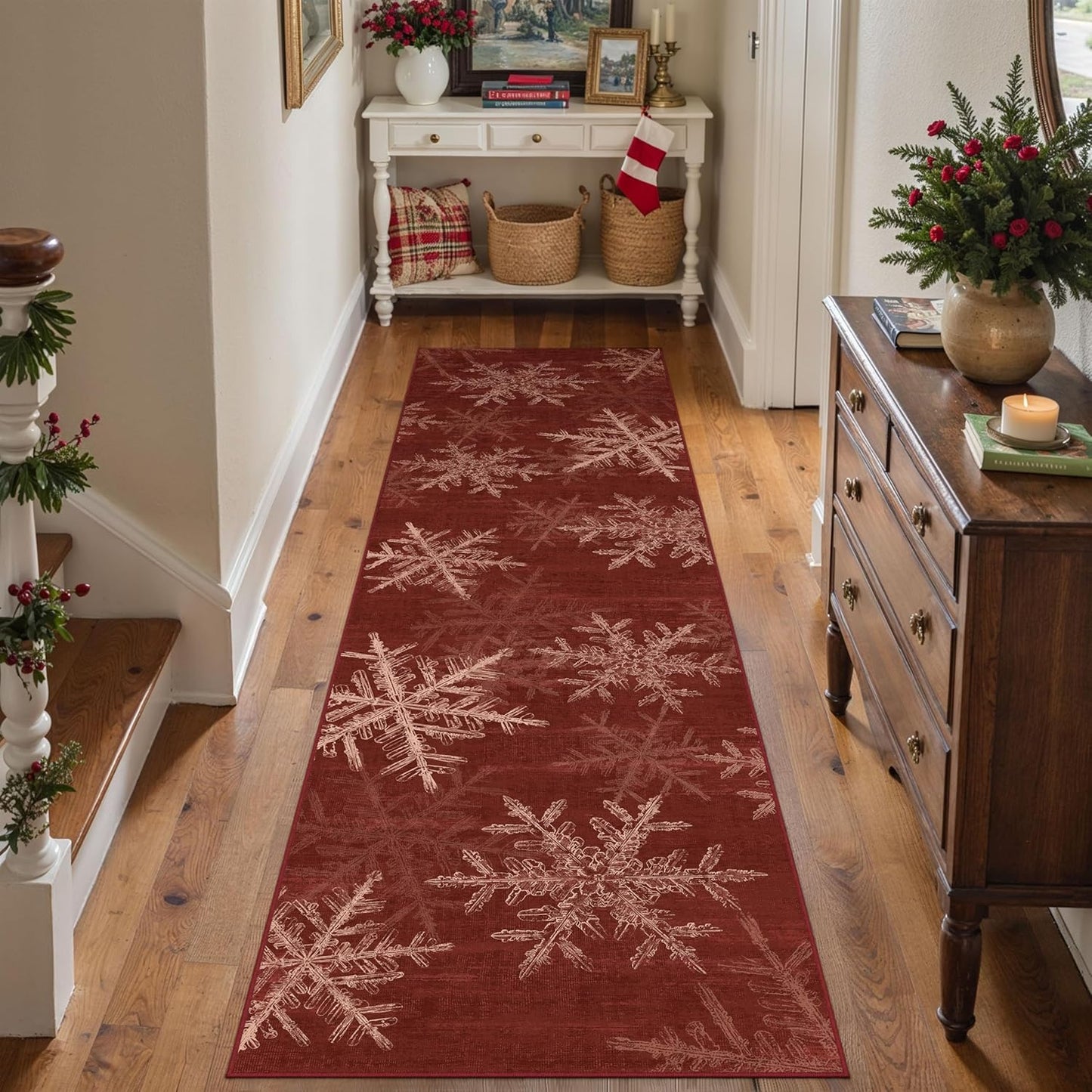 Snowflake Runner Rug 2x8 Red Christmas Hallway Carpet Washable Bedroom Carpet Xmas Holiday Decor Non Slip Kitchen Mat Indoor Decorative Throw Rug Dining Room Laundry Room Living Room