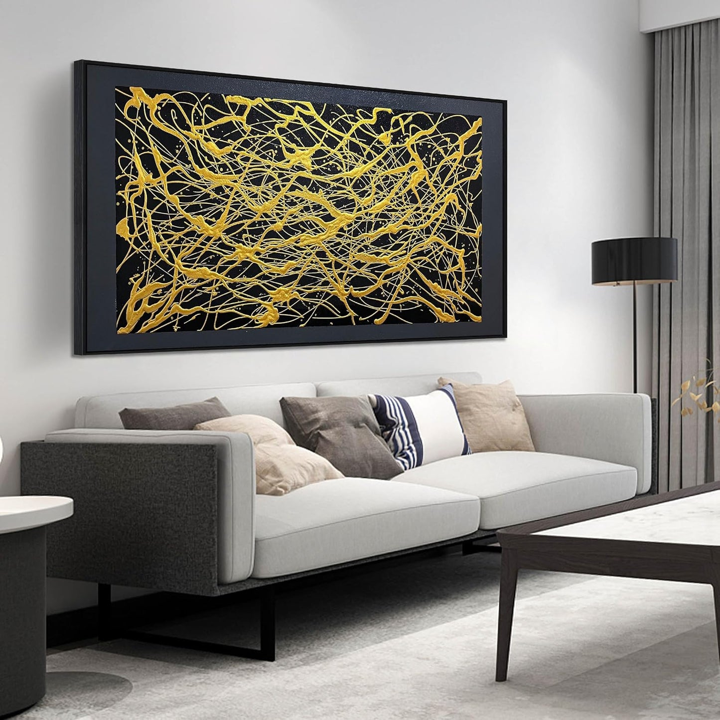 Abstract Black and Gold Hand Painted Wall Art for Living Room - Modern Large Canvas Wall Art for Office - Large Picture Frames for Wall Size 29" x 59"
