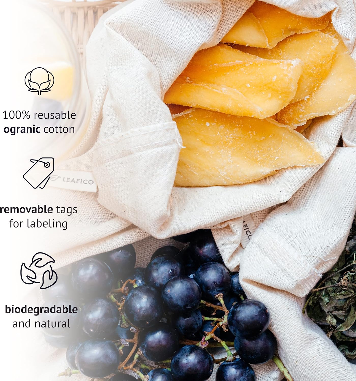 LEAFICO Organic Cotton Reusable Produce Bags - Small 5x7 (12 Pack) - Biodegradable Eco-Friendly Bulk Bin Sacks for Food - Cloth Bags with Drawstrings - Linen Pouch for Fruit, Vegetable Storage