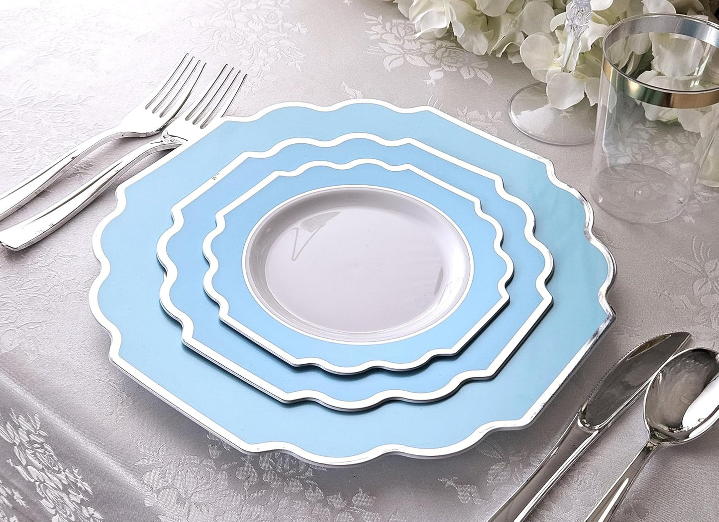 " OCCASIONS " 120 Plates Pack,(60 Guests) Heavyweight Premium Wedding Party Disposable Plastic Plates -60 x10.5'' Dinner + 60 x 8'' Salad/Dessert (Imperial Aqua & Silver)