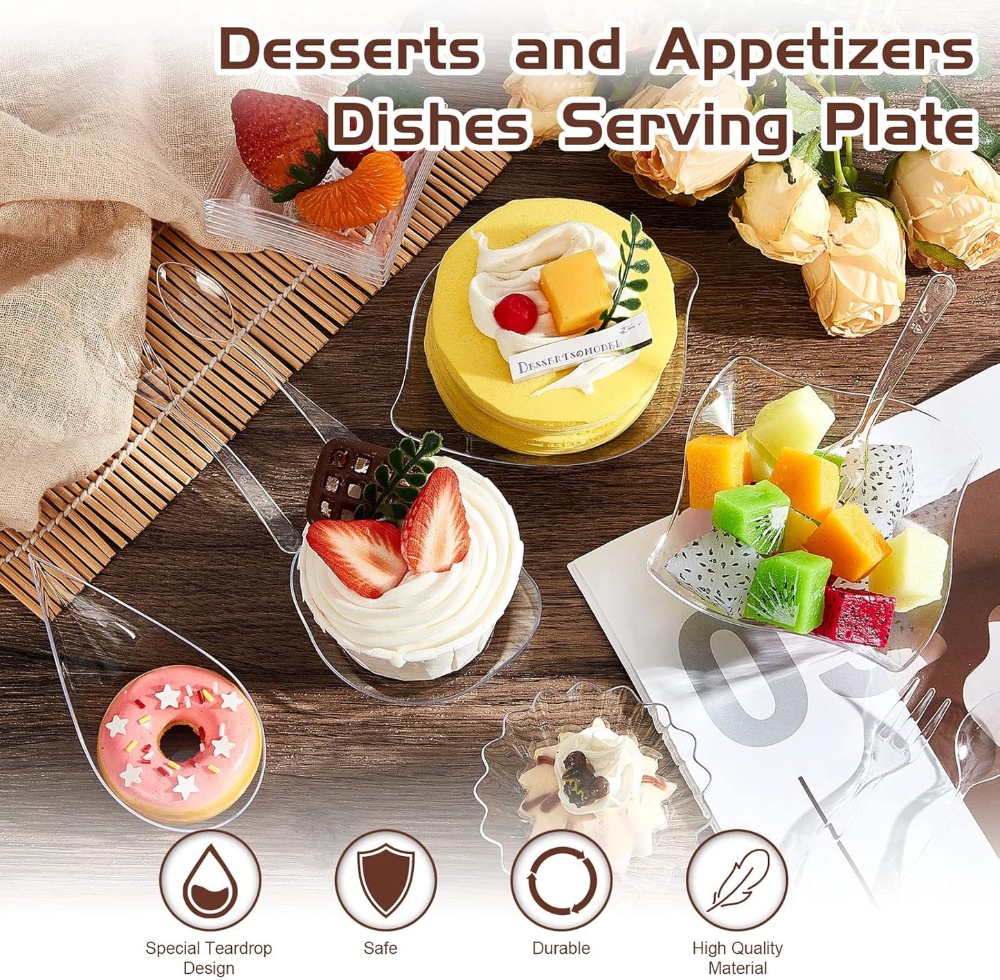 Tessco 1200 Pcs Mini Appetizer Plates Set Including 600 Pcs 6 Shapes Disposable Mini Dessert Cups 300 Spoons 300 Forks for Party Wedding Pudding Ice Cream(Clear)