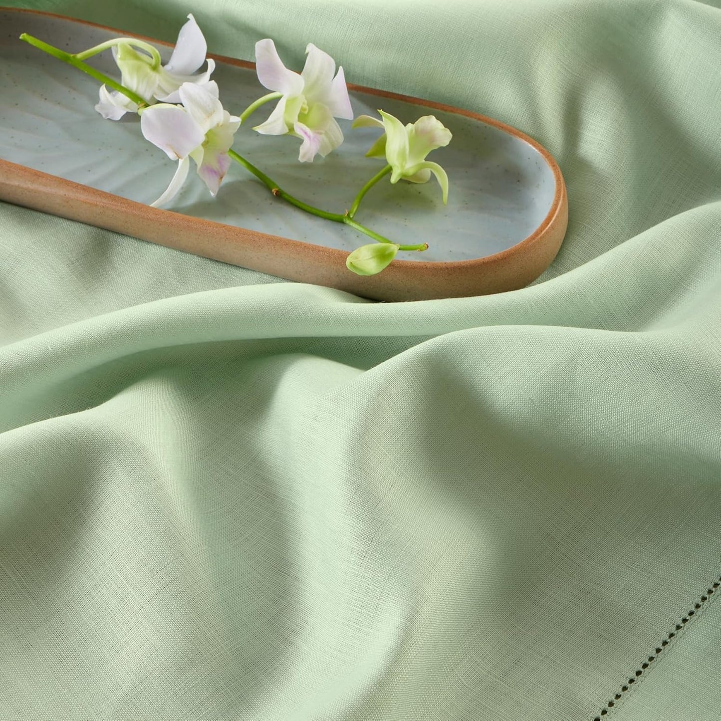 Solino Home Linen Light Green Table Runner 72 Inches Long - 100% Pure Linen Hemstitch Table Runner 14 x 72 Inch for Dresser, Dining - Classic Hemstitch