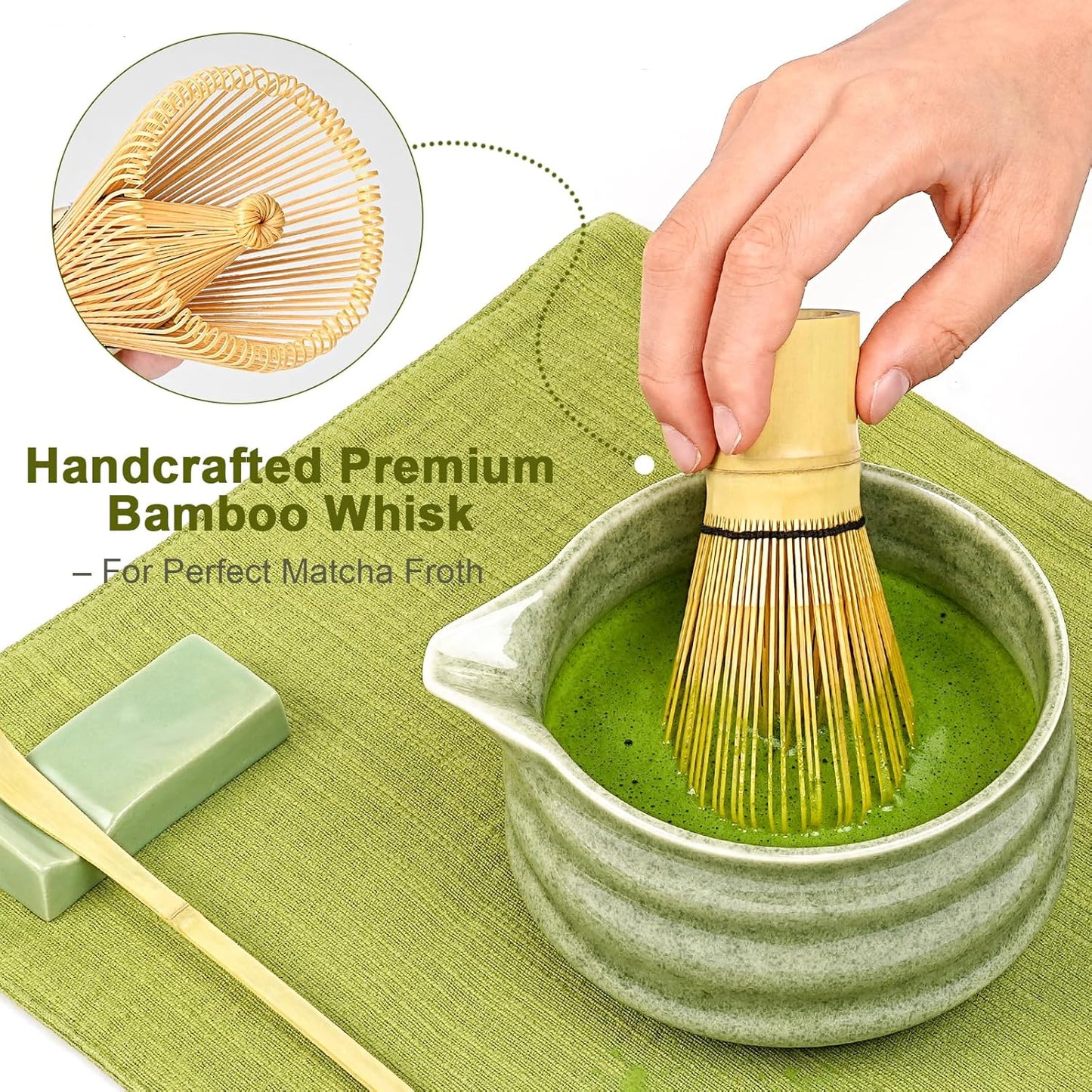 Matcha Whisk Set, 7Pcs Matcha Set - Matcha Bowl with Spout, Handcrafted Bamboo Whisk & Ceramic Holder, Steel Sifter, Towel, Matcha Kit for Tea Ceremony, Timeless Ideal Gift (Speckled green)
