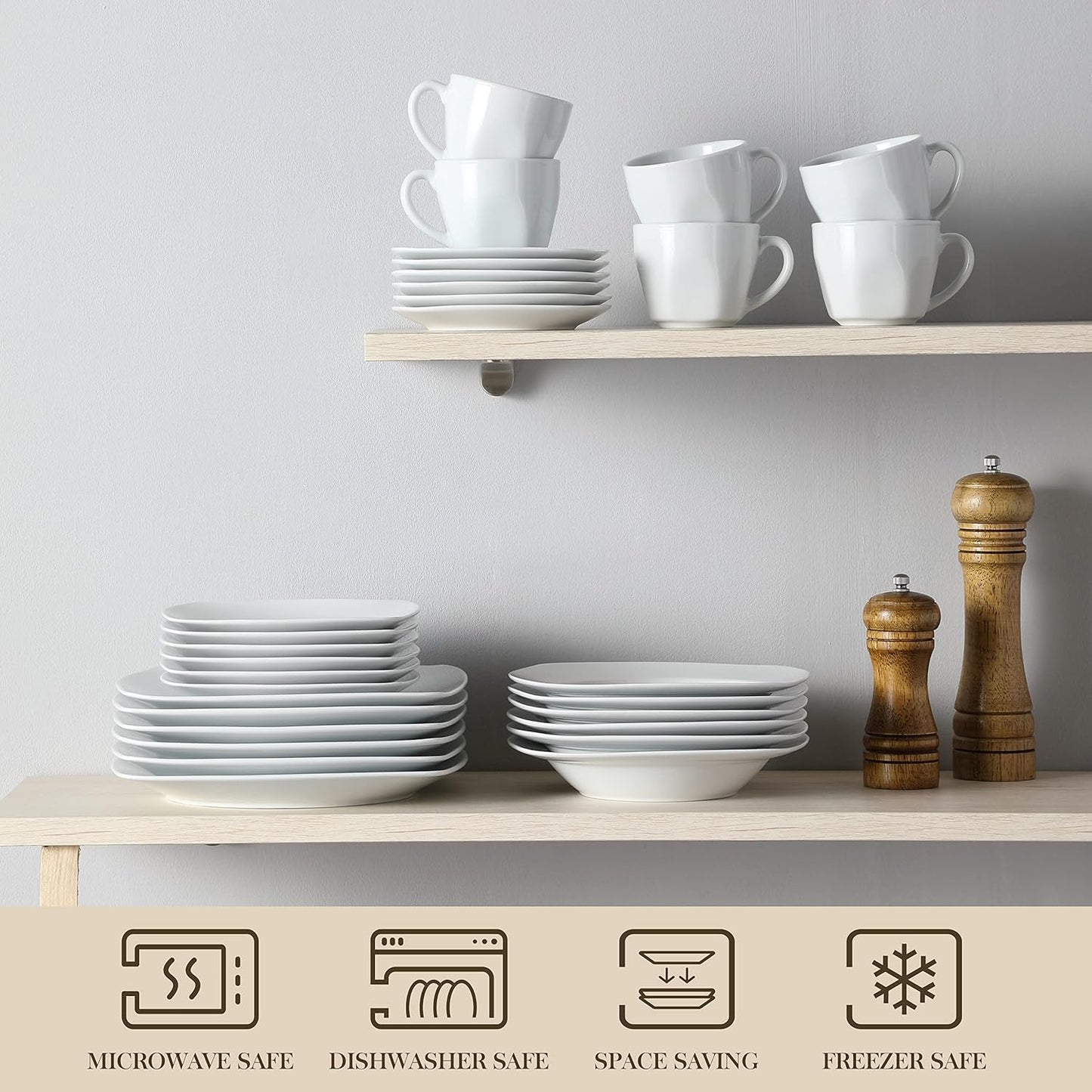 MALACASA Dinnerware Sets, 30-Piece Porcelain Gray White Dinnerware Set Microwave Safe, Square Dish Set with Plates and Bowls Sets, Mugs and Saucers Set for 6, Series Julia