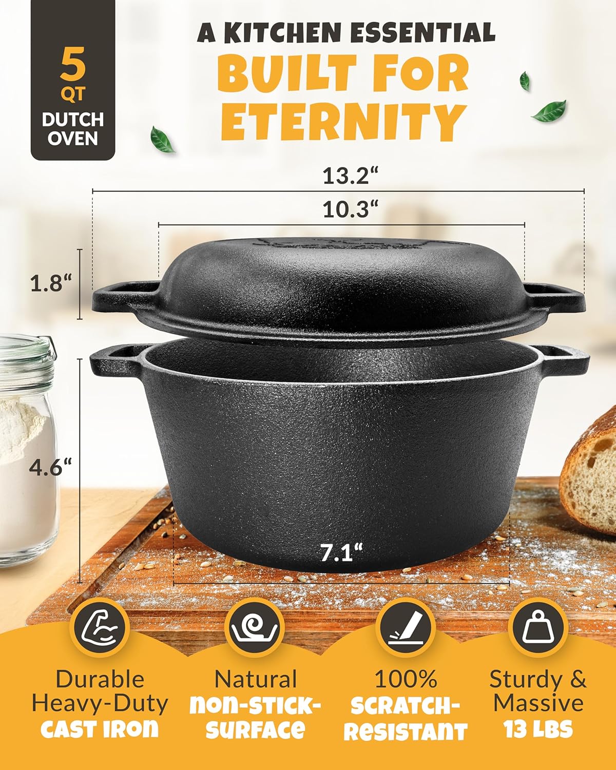 Cast Iron Dutch Oven for Bread Baking - incl. Sourdough Bread-Baking Supplies like Banneton Bread-Proofing Basket - 5QT Bread-Oven with Lid Bread-Making Kit Pan, Pot, Sour Sough Tools, Lame