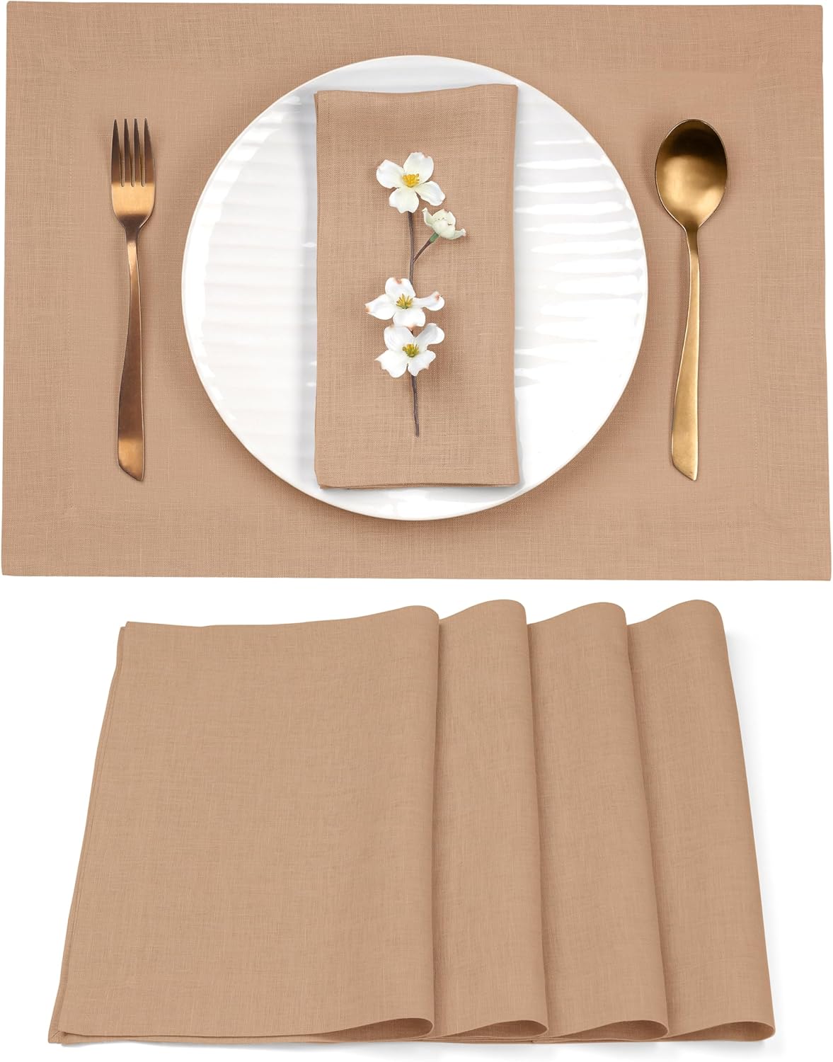 D'Moksha Homes Linen Champagne Beige Placemats Set of 4-100% Pure Linen Placemats 14 x 19 Inch for Fall, Autumn and Halloween - Handcrafted and Machine Washable