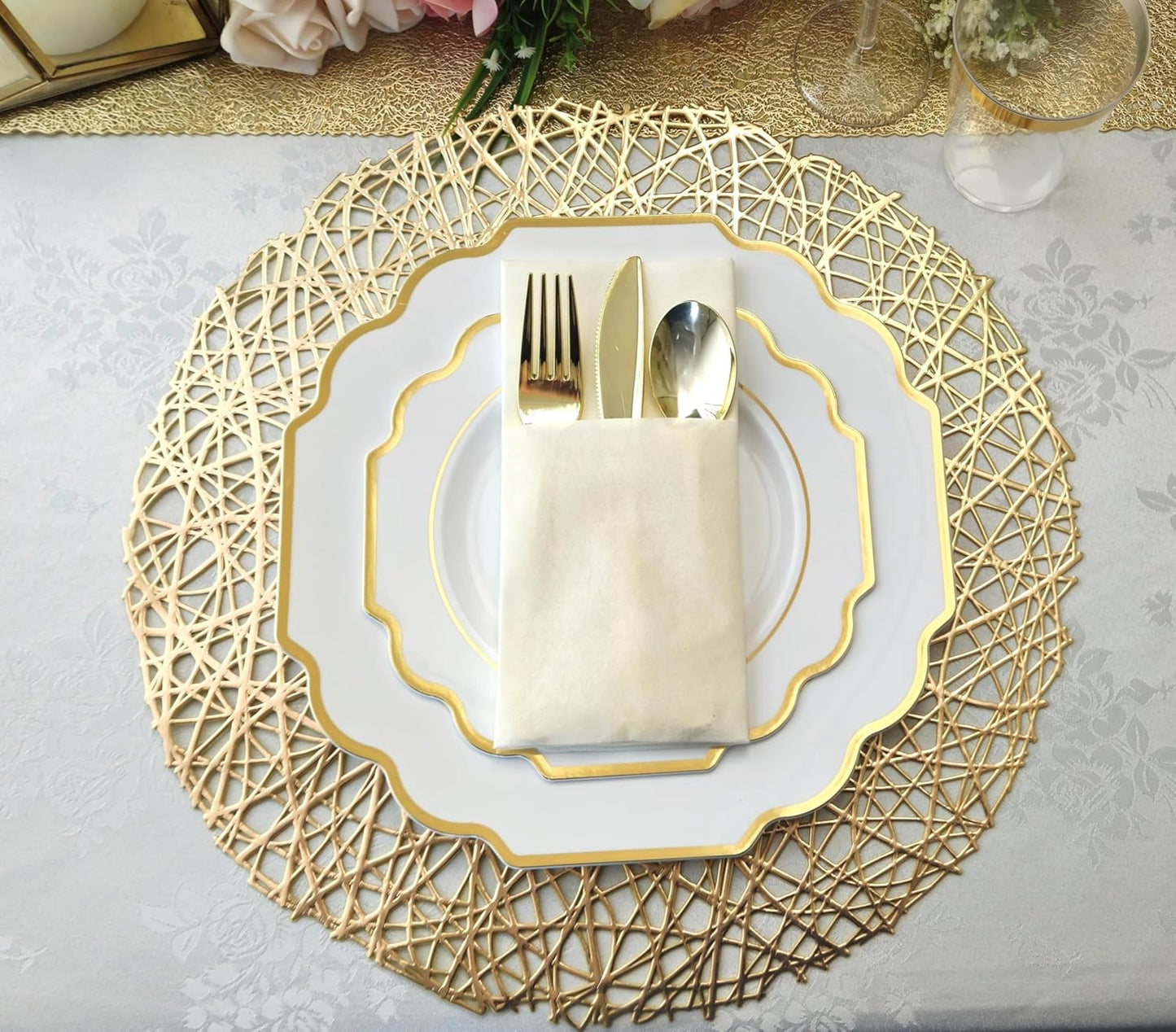 " OCCASIONS " 240 Plates Pack (120 Guests) Heavyweight Wedding Party Disposable Plastic Plates Set -120 x 10.5'' Dinner + 120 x 8'' Salad/Dessert Plate (Imperial White & Gold)