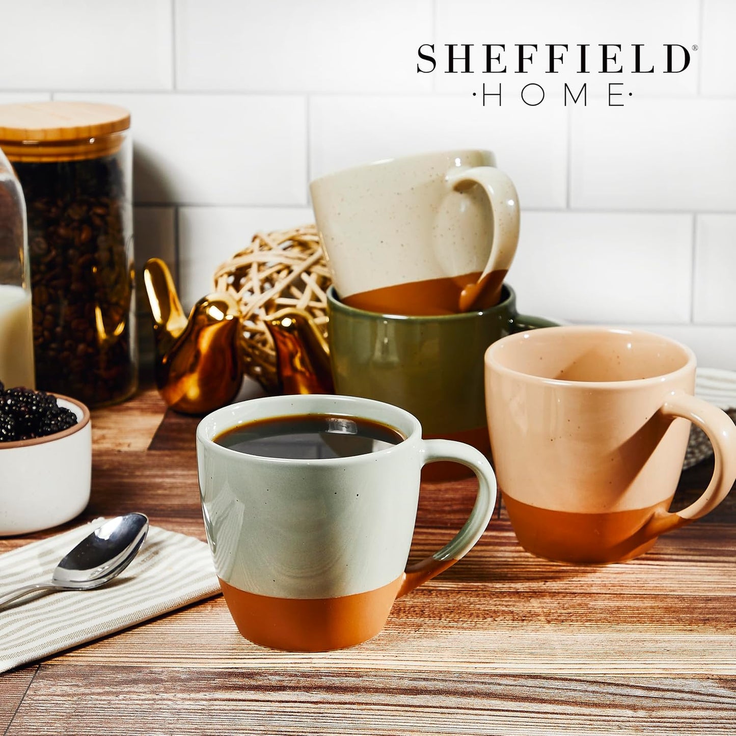 Sheffield Home Coffee Mugs Set of 4 Stoneware Mugs - 16oz Large Ceramic Coffee Mug with Handle - Dishwasher & Microwave Safe Classic Mug for Tea, Latte, Espresso and Cappuccino - Assorted Neutrals