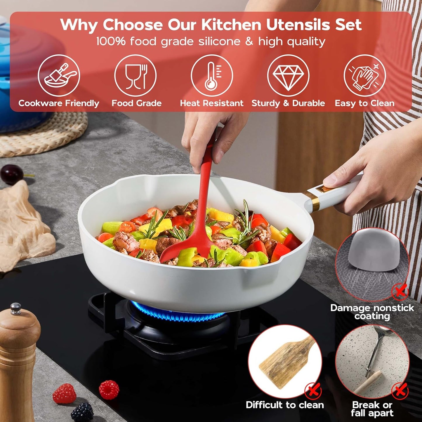 Onader 10 Pieces Cooking Utensils Set, Red Silicone Kitchen Utensils Set for Cooking, Non Toxic & Heat Resistant