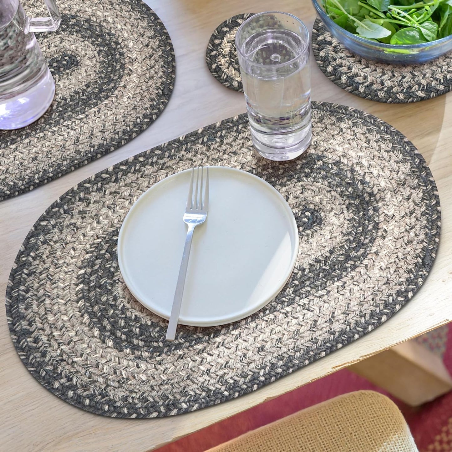 Homespice Flint Hill Jute Braided Placemats, Warm Primitive Decor, Set of 4, Grey 13x19 Oval Table Mats - Vibrant Colors, Durable, Easy to Clean and Protects Furniture