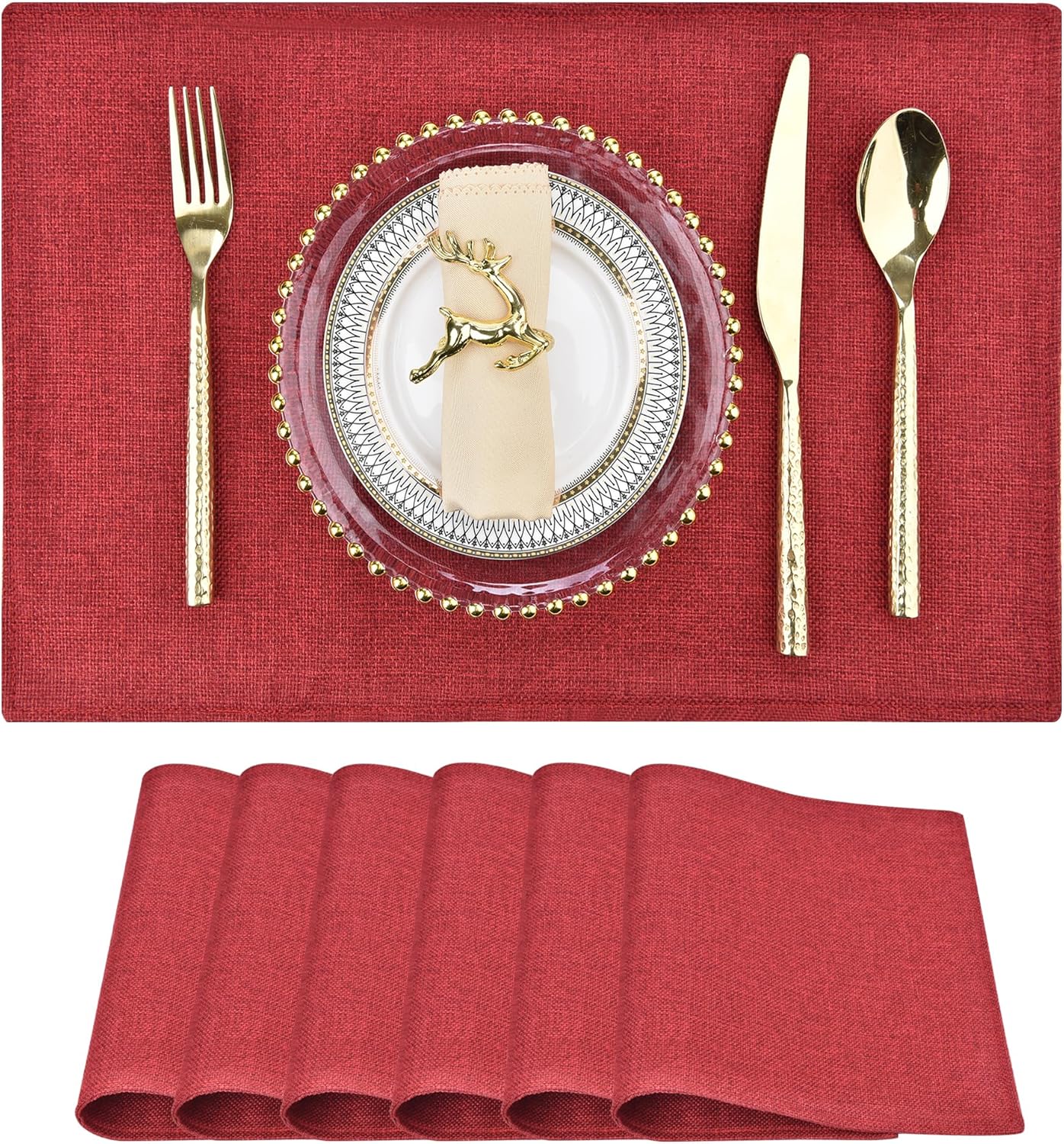 SLKQG Christmas Linen-Look Fabric Placemats Set of 6 - Holiday Dining Table Mats for Festive Decor, Heat Resistant & Machine Washable, Place Mats for Dinner Parties, Xmas Gift for Home (6, Wine Red)