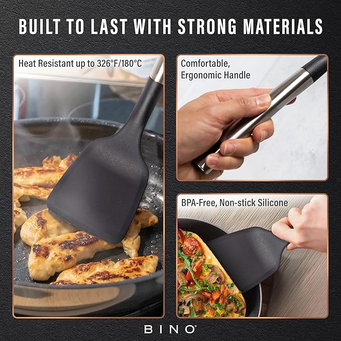 BINO 2-Piece Spoon & Turner Set with Stainless Steel Handles - Black | Heat Resistant BPA-Free Nonstick Cookware | Cooking Mixing & Serving Spoon | Cooking Utensils for Nonstick Cookware