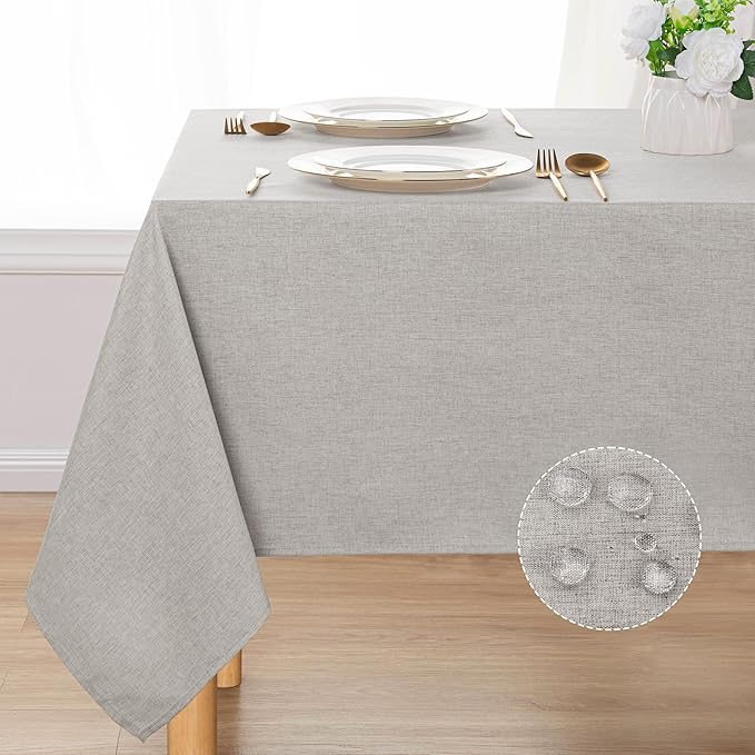 DWCN Rectangle Faux Linen Tablecloth - Textured Waterproof Spill-Proof Wrinkle and Stain Resistant Table Cloth Decorative Fabric Farmhouse Table Cover for Kitchen Dining, 60 x 102 Inch, Light Grey