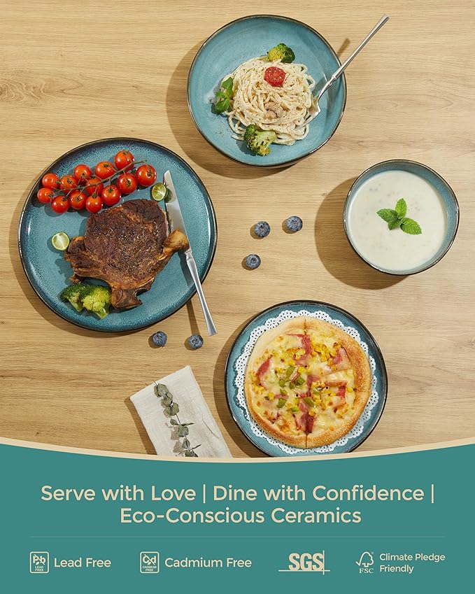 32 Piece Dinnerware Set for 8 with Pasta Bowls, Green Black Reactive Glaze Stoneware | All‑in‑One Host Set for Entertaining, Holiday Meals, Multi‑Course Dinners | Unique Irregular Coastal Look