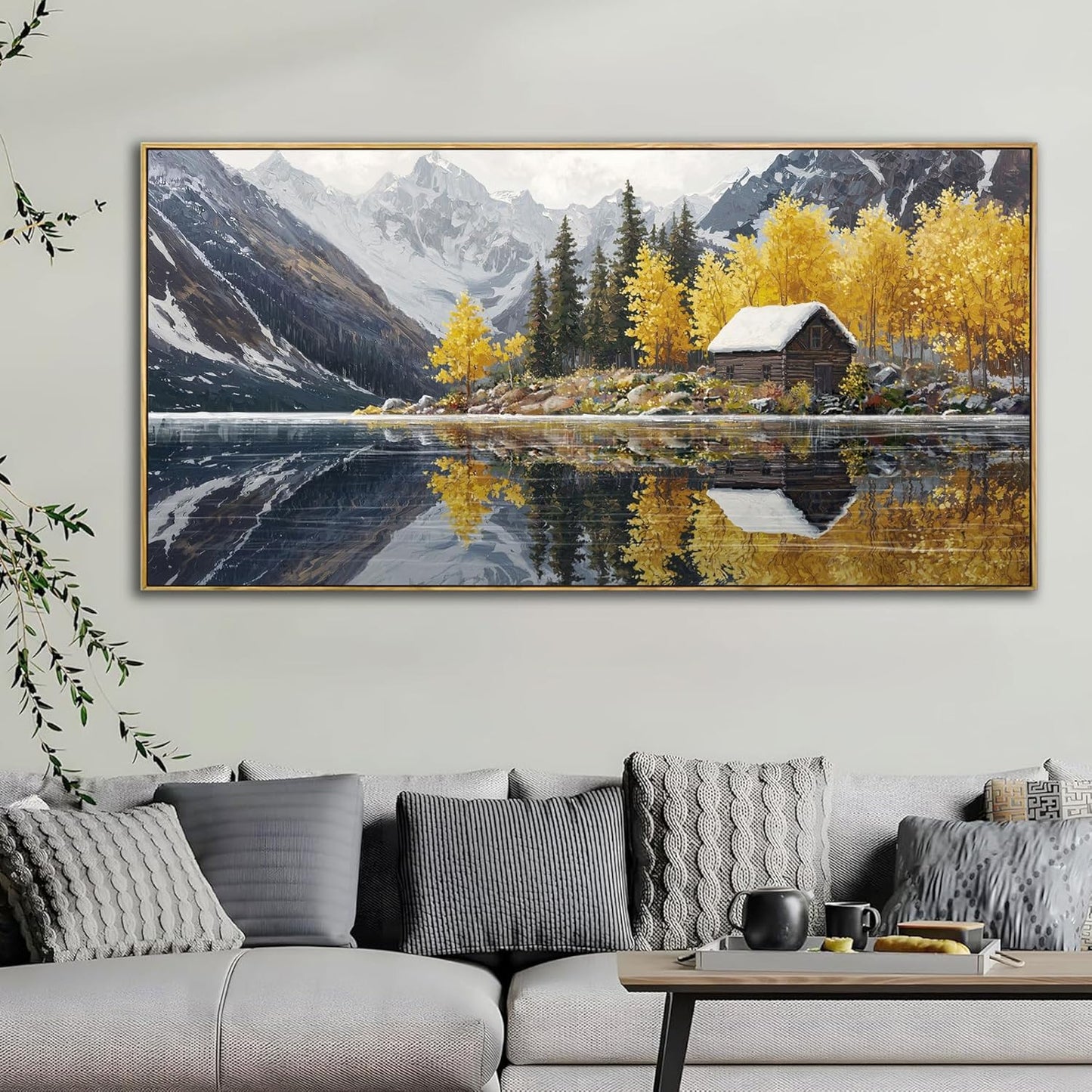 KLAKLA Living Room Wall Art - Tranquil Lake Cabin Orange Tree Forest Snowy Mountain Canvas Wall Decor Oversize Landscape Picture Framed Artwork for Bedroom Office Walls Home Decoration 58x29 Inches