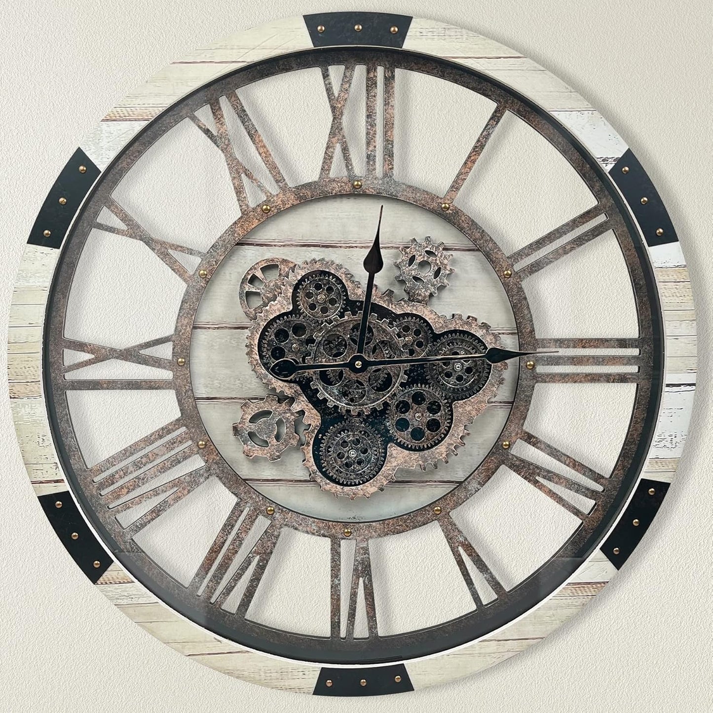 DORBOKER 24" Large Wall Clock with Moving Gears,Oversize Vintage Industrial Rustic Farmhouse Clocks for Living Room Decor Office Home,Solid Wood Retro Metal HD Tempered Glass Cover,Desert Beige