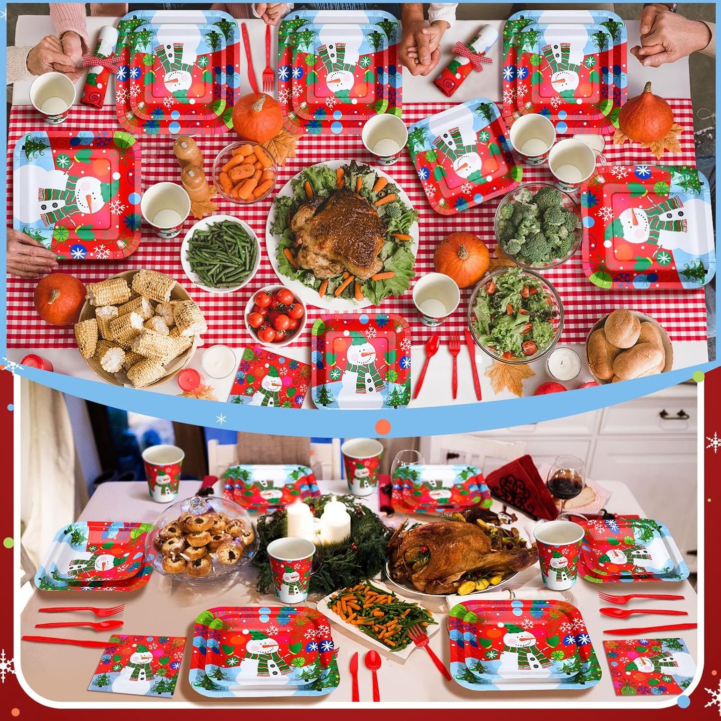 350 Pcs Paper Plates and Napkins Set Disposable Dinnerware Party Supplies Tableware Serve 50 Guest Cups Knife Forks Spoon(Red,Snowman)