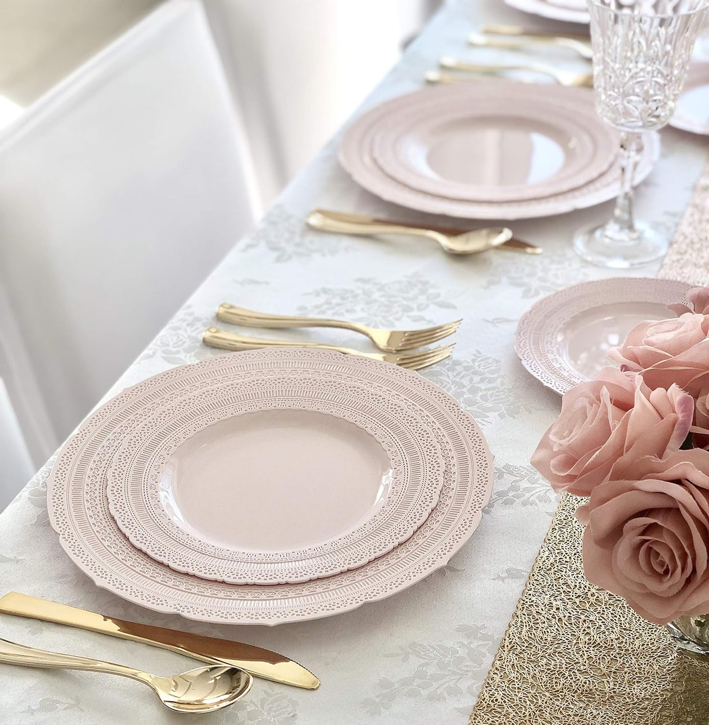 " OCCASIONS " 50 Plates Pack (25 Guests)-Extra Heavyweight Vintage Wedding Disposable/Reusable Plastic Plates -25 x 11'' Dinner + 25 x 8.25'' Salad/dessert (Chateau Blush Pink)