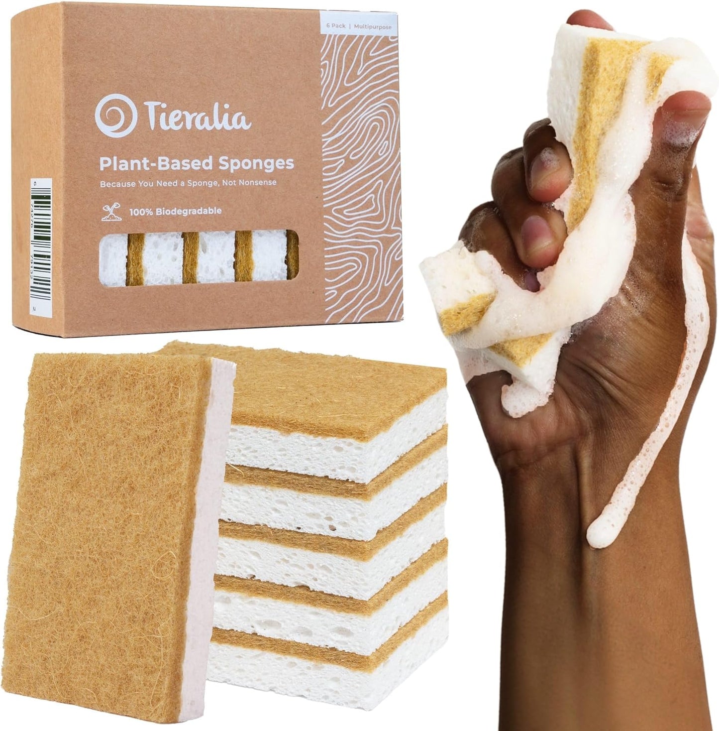 Tieralia Natural Dish Sponge Set – 6-Pack Eco-Friendly & Compostable Scrubbers | Cellulose & Sisal | Non-Toxic, Odor-Free, Reusable Kitchen Sponges for Dishes, Sink, Pots & Pans
