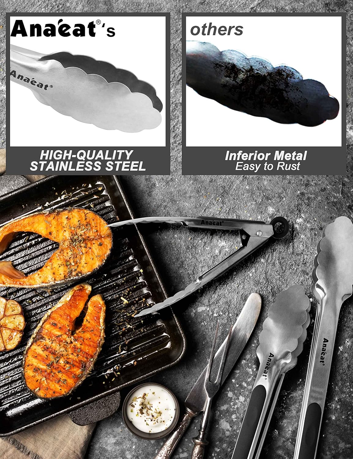 Anaeat Premium Kitchen Locking Tong Set of 3 - Heavy Duty Stainless Steel Food Tongs with Long Handle & Non-Slip Silicone Grip for Cooking, Baking, Grilling - Heat Resistant up to 480°F