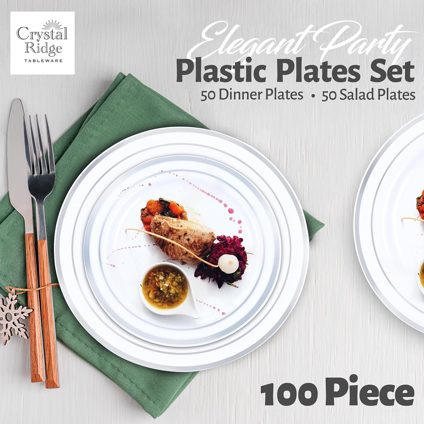 100-Piece Plastic Plates Set - Premium 50 Dinner & 50 Salad Plates, Disposable for Parties - White with Silver Rim